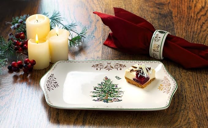 Spode Christmas Tree Gold Dessert Tray - 12" Fine Porcelain Festive Serving Platter with Red Ribbons, Holiday Collectible Dish for Entertaining & Desserts - Winter Holiday Serveware Gift