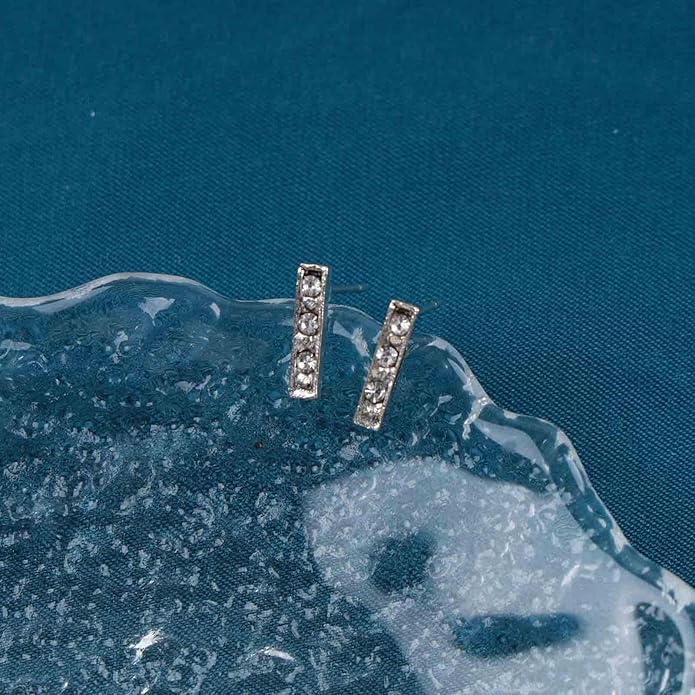 Geometric Crystal Bar Earrings Silver Cz Bar Stick Earrings Cz Rhinestone Bar Stud Earrings Silver Minimalist Earrings Jewelry for Women and Girls-BrightBean Baby