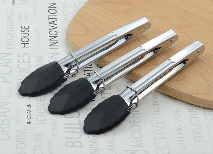 Mini Tongs with Silicone Tips 7-Inch Kitchen Tongs, Set of 3 (Black)