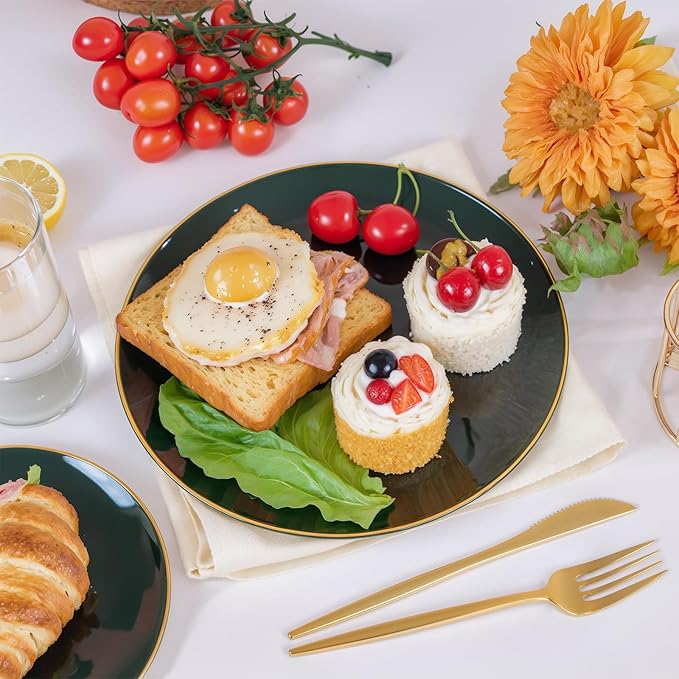 bUCLA 100PCS Green Plastic Plates - Heavy Duty Green Disposable with Gold Rim Include 50 Dinner 10 inch & 50 Dessert 7 inch Plates, Ideal for Party & Christmas