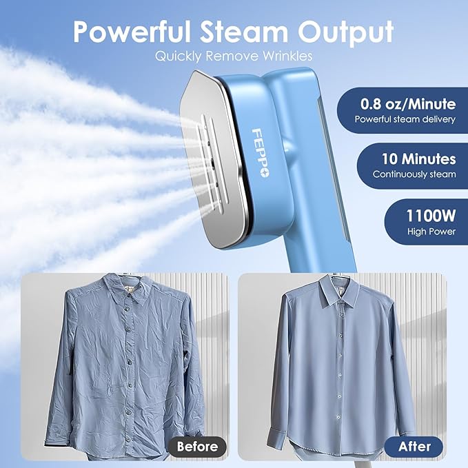 FEPPO Travel Steamer for Clothes, 110-240V Dual Voltage Portable Mini Steamer & Iron 2in1, 1100W Powerful Garment Steamer, Fast Heat Up, Travel Size, HD Display, for Home & Global & Europe Travel-BrightBean Baby