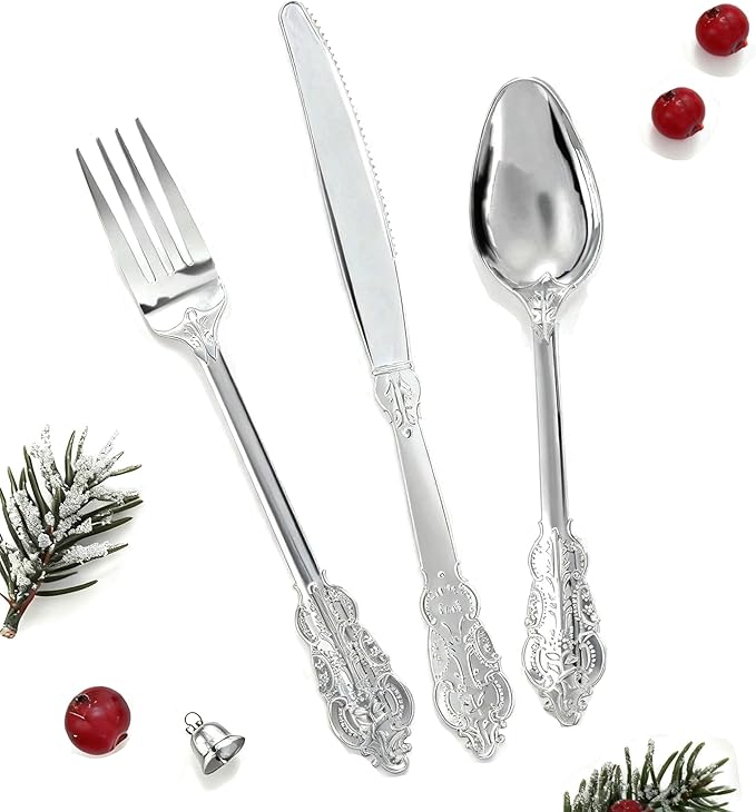 300Pieces Silver Plastic Silverware - Heavy Duty Silver Disposable Utensils - Fancy Plastic Cutlery Set Includes 100 Forks, 100 Spoons, 100 Knives for Dinner Parties Weddings