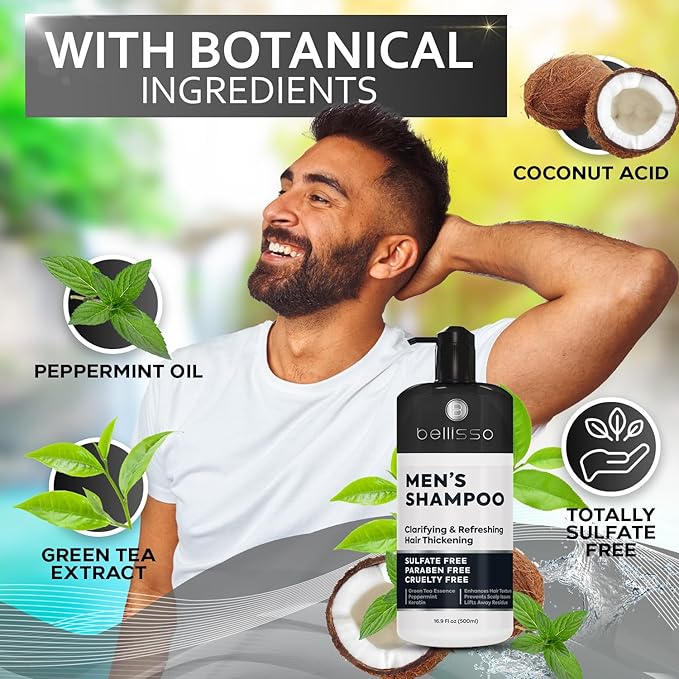 Shampoo for Men - Tea Tree Oil and Peppermint - Sulfate Free, Paraben Free - Clarifying, Refreshing, Volumizing & Moisturizing Hair Thickening Formula - Ideal for Oily Hair, Dry Scalps and Build Up-BrightBean Baby
