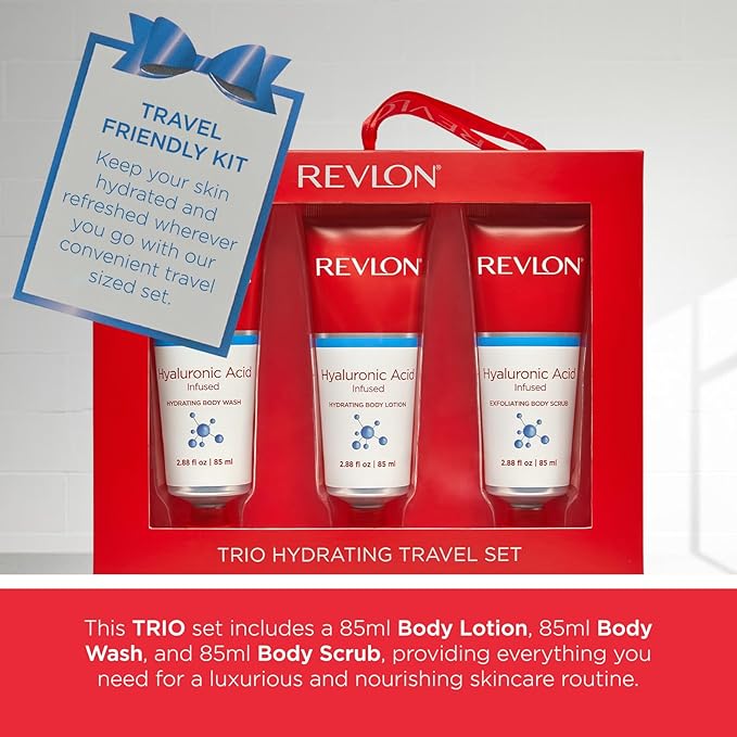 REVLON Get Carried Away Trio Hydrating Travel Set, Hyaluronic Acid Infused, Hydrating Body Wash, Body Lotion, Exfoliating Body Scrub, 3 Count (2.88 fl oz)-BrightBean Baby