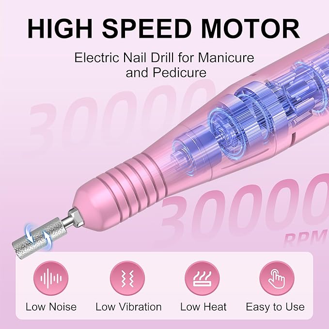 Professional Electric Nail Drill File:COSYGLOW Glitter Portable Cordless E-File Nail Drill Kit with 11 Drill Bits,30000 RPM Rechargeable Nail Drills Machine for Acrylic Nails Gel Polishing (Pink)-BrightBean Baby