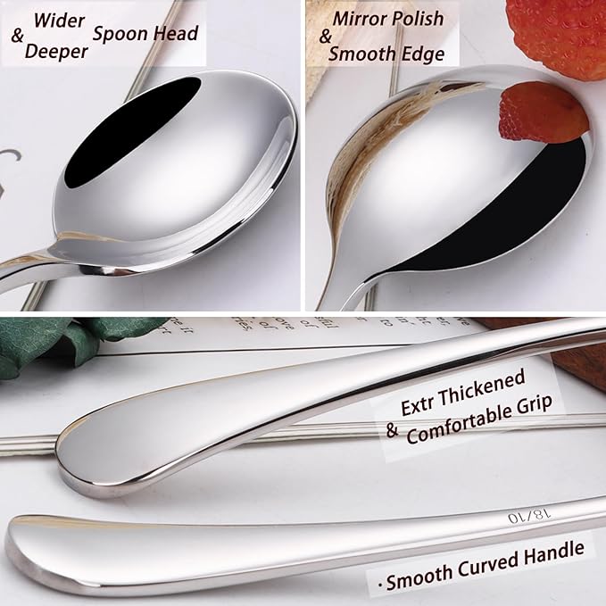 7" Elegant Soup Spoons Silverware Set,18/10 Stainless Steel,Dishwasher Safe(Set of 4,Silver)