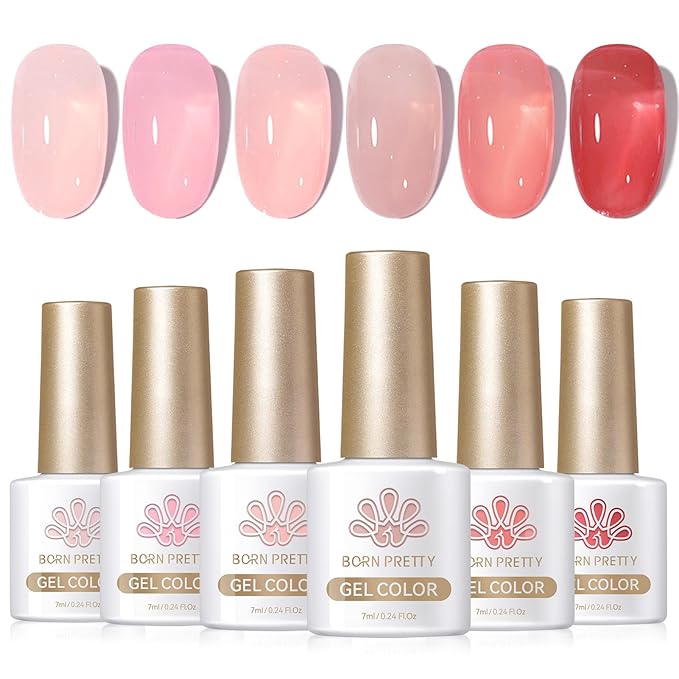 Born Pretty Jelly Nude Pink Gel Nail Polish Sheer Transparent Gel Polish 6Colors Soak Off U v Light Cure Gel Polish Kit for Salon and Nail Art DIY at Home-BrightBean Baby