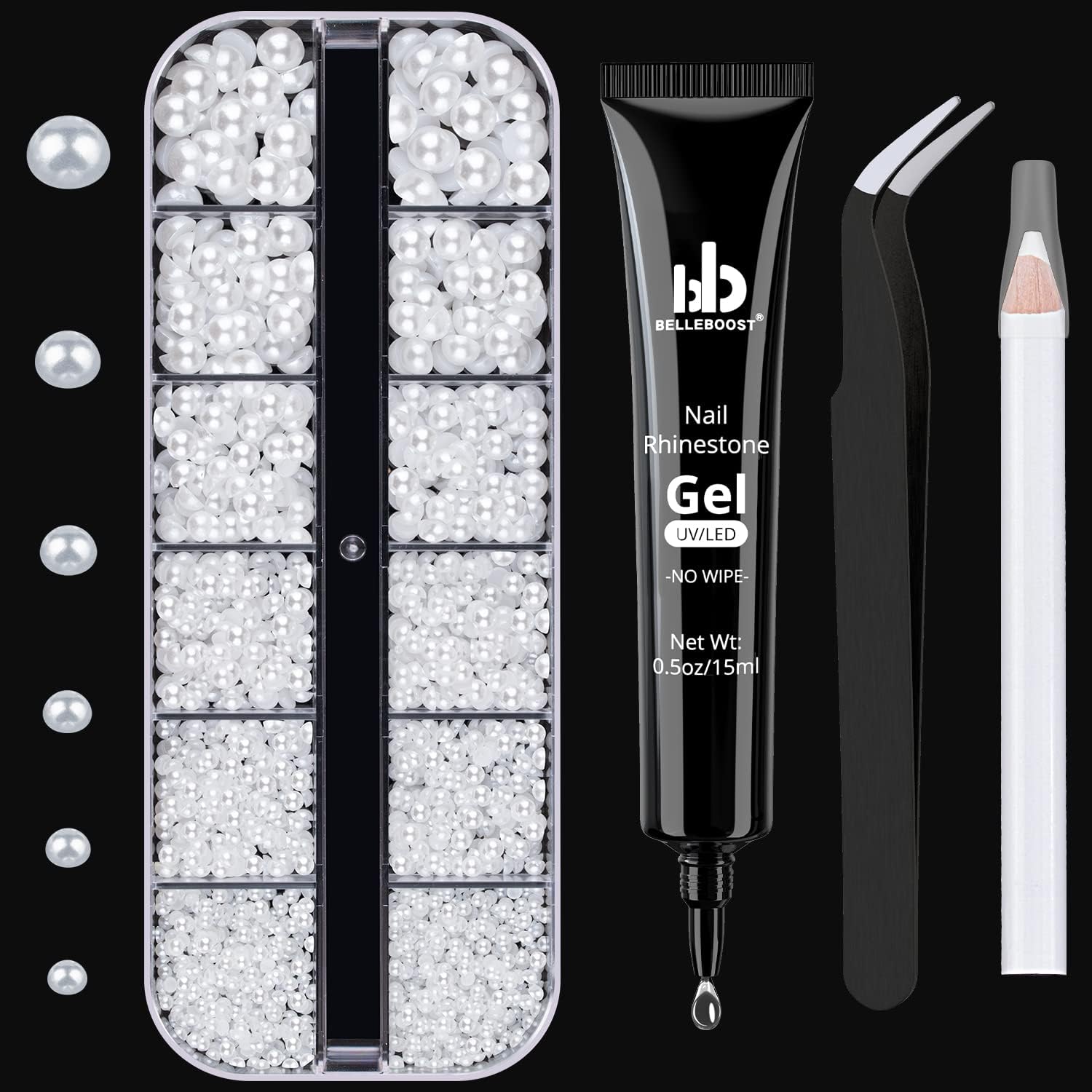 Nail Art Rhinestone Glue Gel&Flatback Gems Accessories Kit, 1 Tube of 15ml Rhinestone Gel Glue(UV/LED Needed)+1 Box of Flat-Back Half Round White Pearls with Pickup Pencil and Tweezer-BrightBean Baby