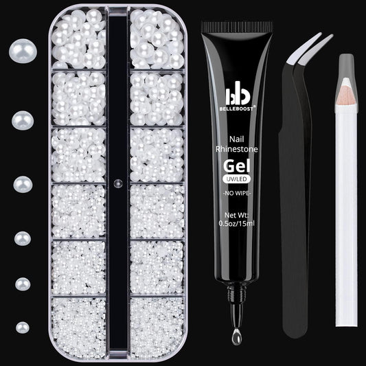 Nail Art Rhinestone Glue Gel&Flatback Gems Accessories Kit, 1 Tube of 15ml Rhinestone Gel Glue(UV/LED Needed)+1 Box of Flat-Back Half Round White Pearls with Pickup Pencil and Tweezer-BrightBean Baby