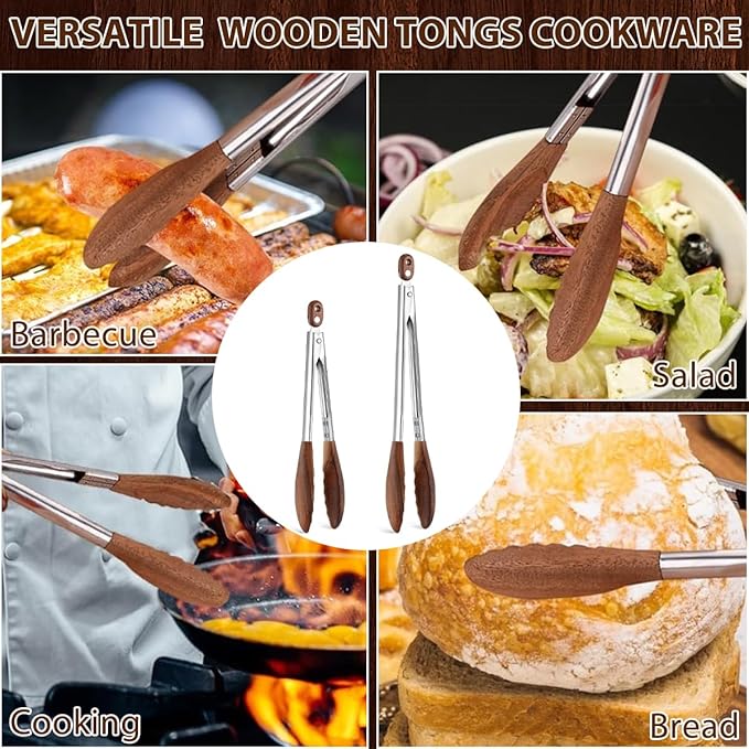 Wooden Tongs for Cooking & Serving Food, Stainless Steel Salad Tongs with Walnut Wood Tip, Anti-Slip Long Handle Wooden Kitchen Tongs Heat Resistant, Smooth Locking & Hanging Cooking Utensils Set of 2