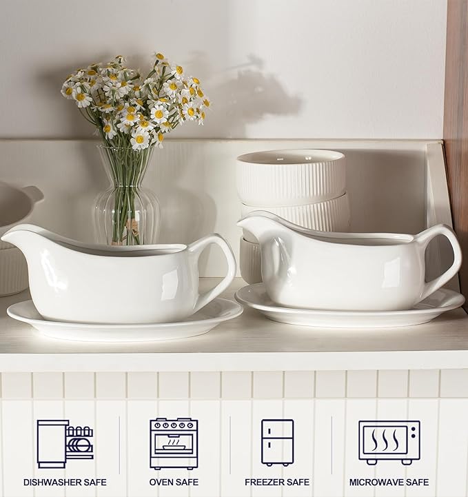 Gravy Boat with Saucer 19 oz,Ceramic Gravy Boats with Tray Set of 2, Gravy Bowl for Turkey,Dispenser with Tray for Sauces,Beef, Salad Dressing, Creamer, Broth,Microwave and Dishwasher Safe Gravy Boats