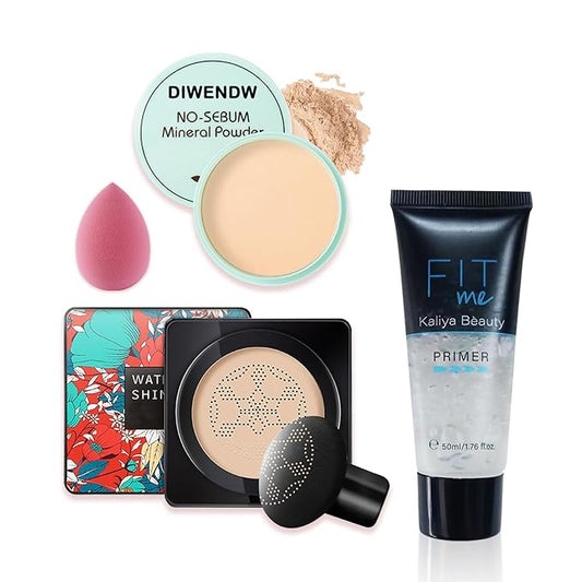 Mushroom Head Air Cushion CC Cream Full Coverage Liquid Foundation Set,Oil Control Concealer Lasting Moisturizing BB Cream,Loose Setting Face Powder Moisturizer Base Primer Makeup with Makeup Sponge-BrightBean Baby