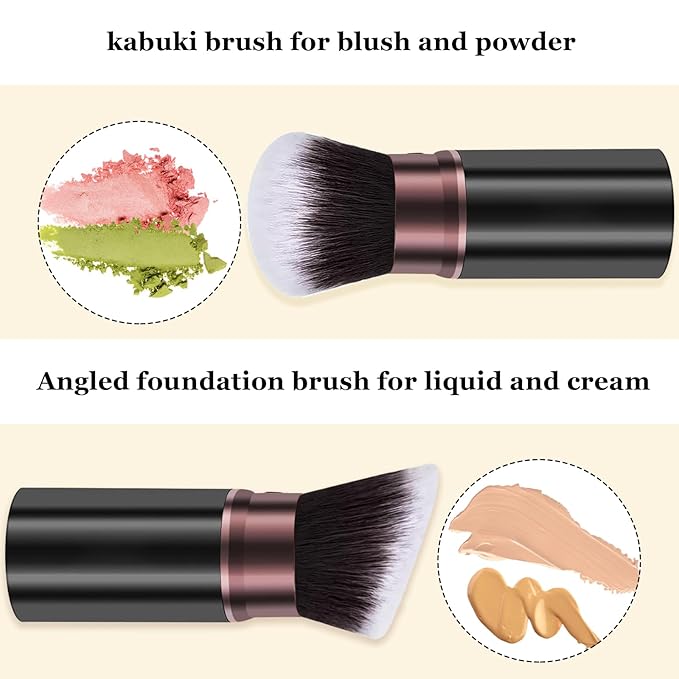 Retractable Makeup Brush, Travel Kabuki Powder Makeup Brush 2 Pack, Foundation Face Blush Brushes for Blending Liquid, Blush, Bronzer, Buffing, Sunscreen,Flawless Cosmetics-BrightBean Baby