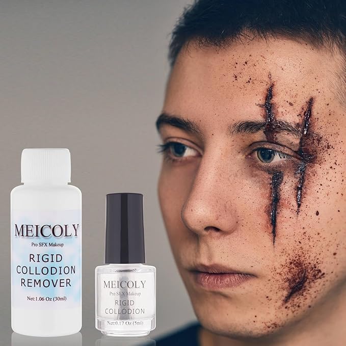 MEICOLY Rigid Collodion and Remover Kit,Scarring Liquid with Brush,Professional Scar Makeup for Halloween SFX Cosplay,Liquid Scar Fake Scar Makeup for Theater Stage Performance,Collodion Scar Liquid-BrightBean Baby