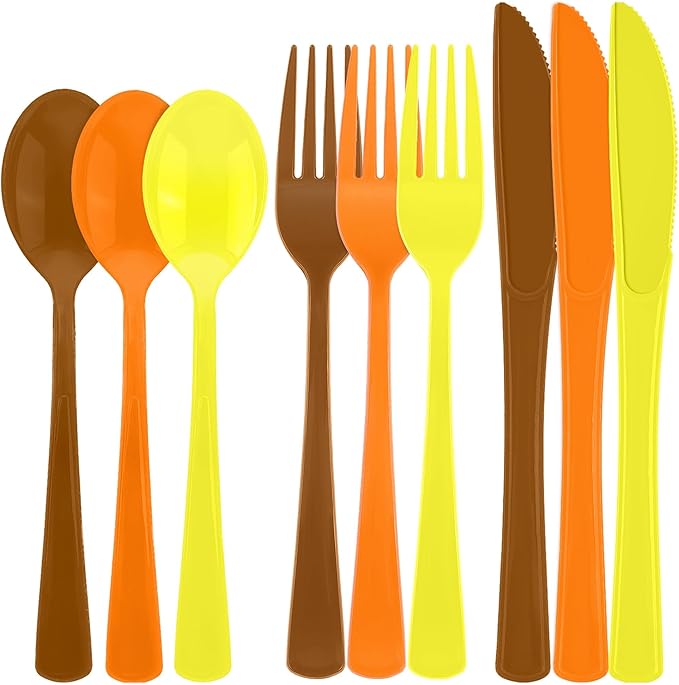 300 Pieces Thanksgiving Plastic Silverware Fall Heavy Duty Utensils Set Heavyweight Disposable Flatware Includes Orange Yellow Brown Spoons Forks Knives for Thanksgiving Dinner Party Supplies