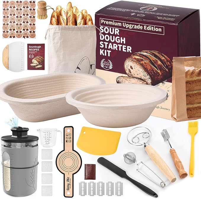 Deluxe Sourdough Starter Kit with Wood Pulp Round & Oval Bannetons & Personalized 34 oz Sourdough Starter Jar Air Flow Lid, Bread Sling Scrapers & Bag Complete Sourdough Bread Baking Supplies