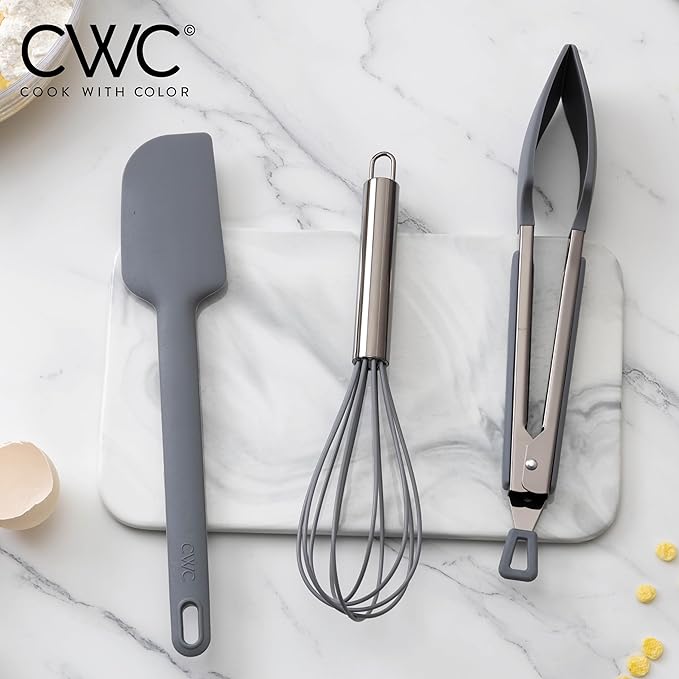 COOK WITH COLOR Stainless Steel Silicone Tipped Kitchen & BBQ Tongs Set, 3 Pc Utensils, Grey