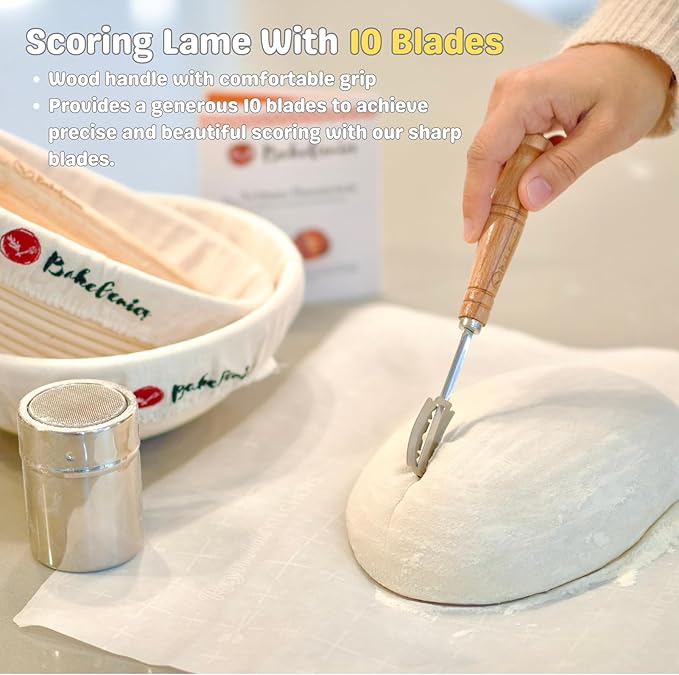 Artisan Bread Banneton Proofing Basket Set of 2, 9 inch Round & 10 inch Oval Sourdough Baskets with Danish Whisk, Dough Cutter, Scraper, Flour duster, Cleaning Brush, Bread Lame &10 Blades