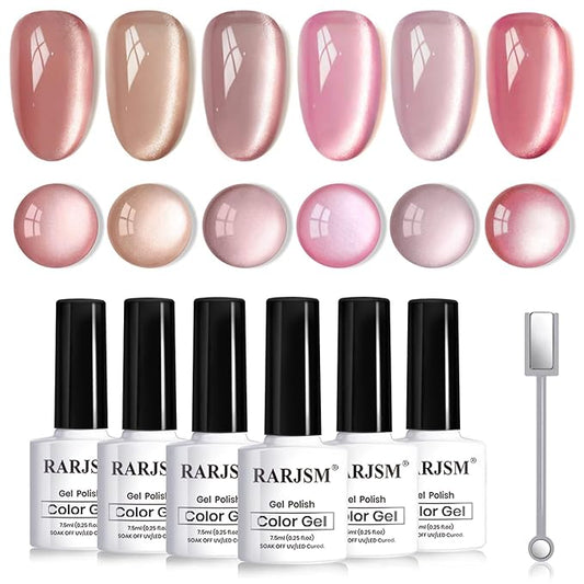 RARJSM Nude Glitter Cat Eye Gel Nail Polish Set 6Pcs Ceramics Pink Light Purple Brown Velvet Shimmer Smoothie Cateye Gel Polish with Magnetic Stick UV LED Curing Require Home Salon Nail Design-BrightBean Baby