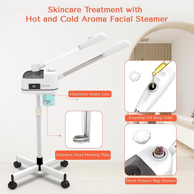 TASALON 2 in 1 Professional Facial Steamer on Wheels -with Ozone and Hot & Cold Mist, Ionic Facial Steamer Kit for Facial Deep Cleaning and Moisturize, SPA & Home, Ozone Face Humidifier (White)-BrightBean Baby