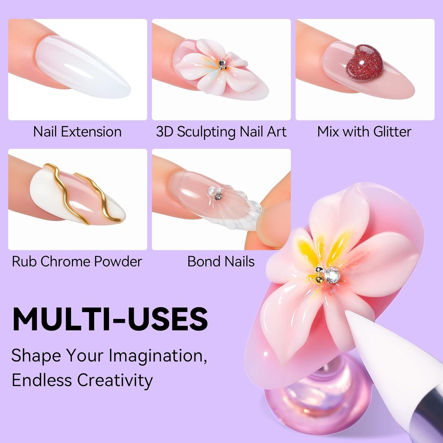 Makartt 3D Gel Nail Art: 4 in 1 White Solid Gel Builder Diy Kit for 15ML Nail Extension Gels, 4pcs Silicone Molds, 1 sculpture Brush, Nails Art Glue for Acrylic Nails Carving Manicure for Home Salon-BrightBean Baby