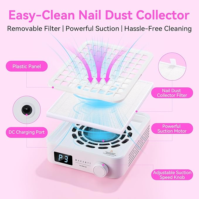 Makartt Professional Nail Dust Collector – Powerful Dust Collector Nail Tech Quite Suction Machine for Acrylic Nails Manicure & Pedicure Salon & Home Use Includes 10pcs Filters & Dust Brush-BrightBean Baby