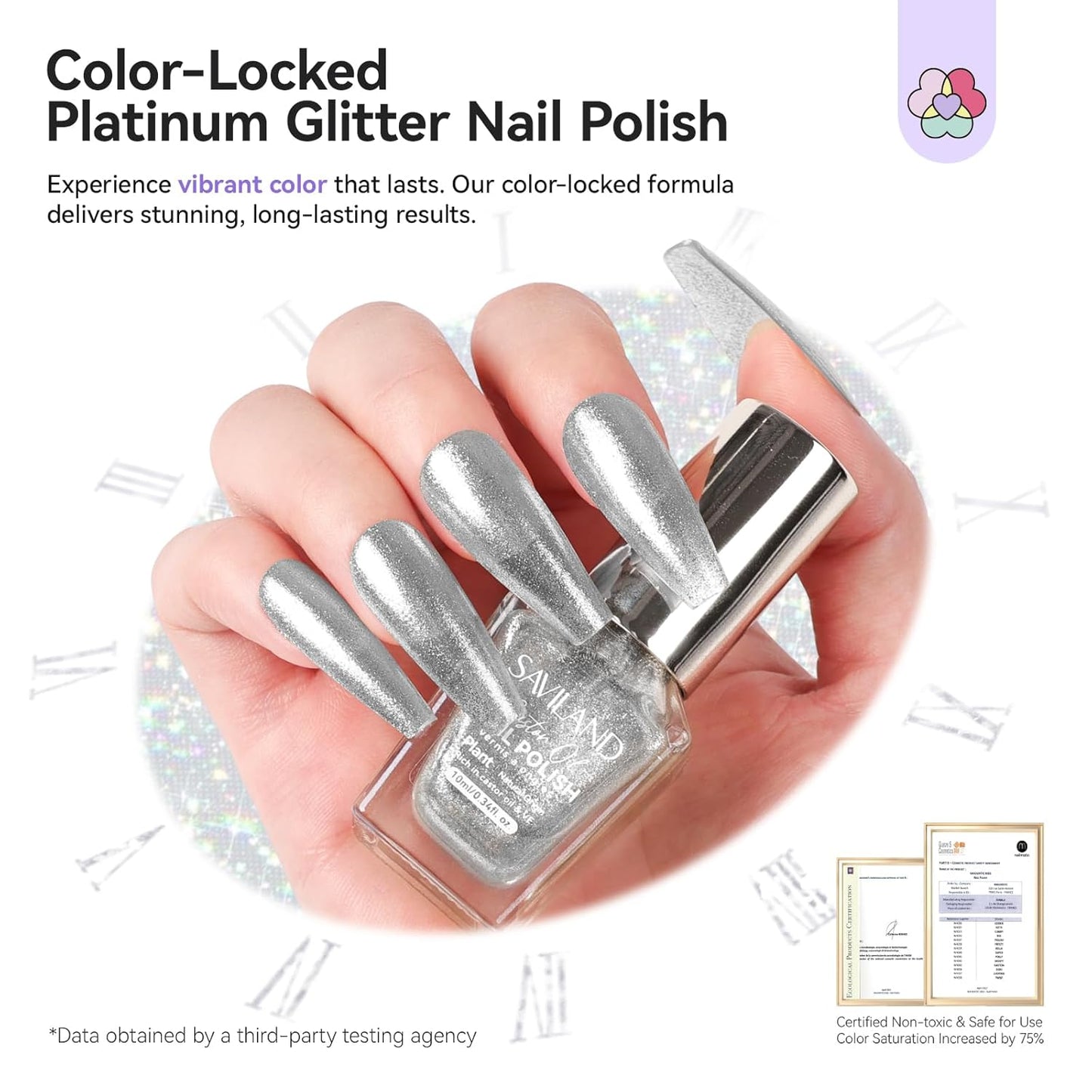 SAVILAND Color Artistry Sparkle Silver Nail Polish - 7 Days Shimmer Glitter Fingernail Polish Non Gel, Air Quick Dry Long Last Shine Diamond Silver Nail Lacquer Toe Nail Art Salon Manicure Home-BrightBean Baby