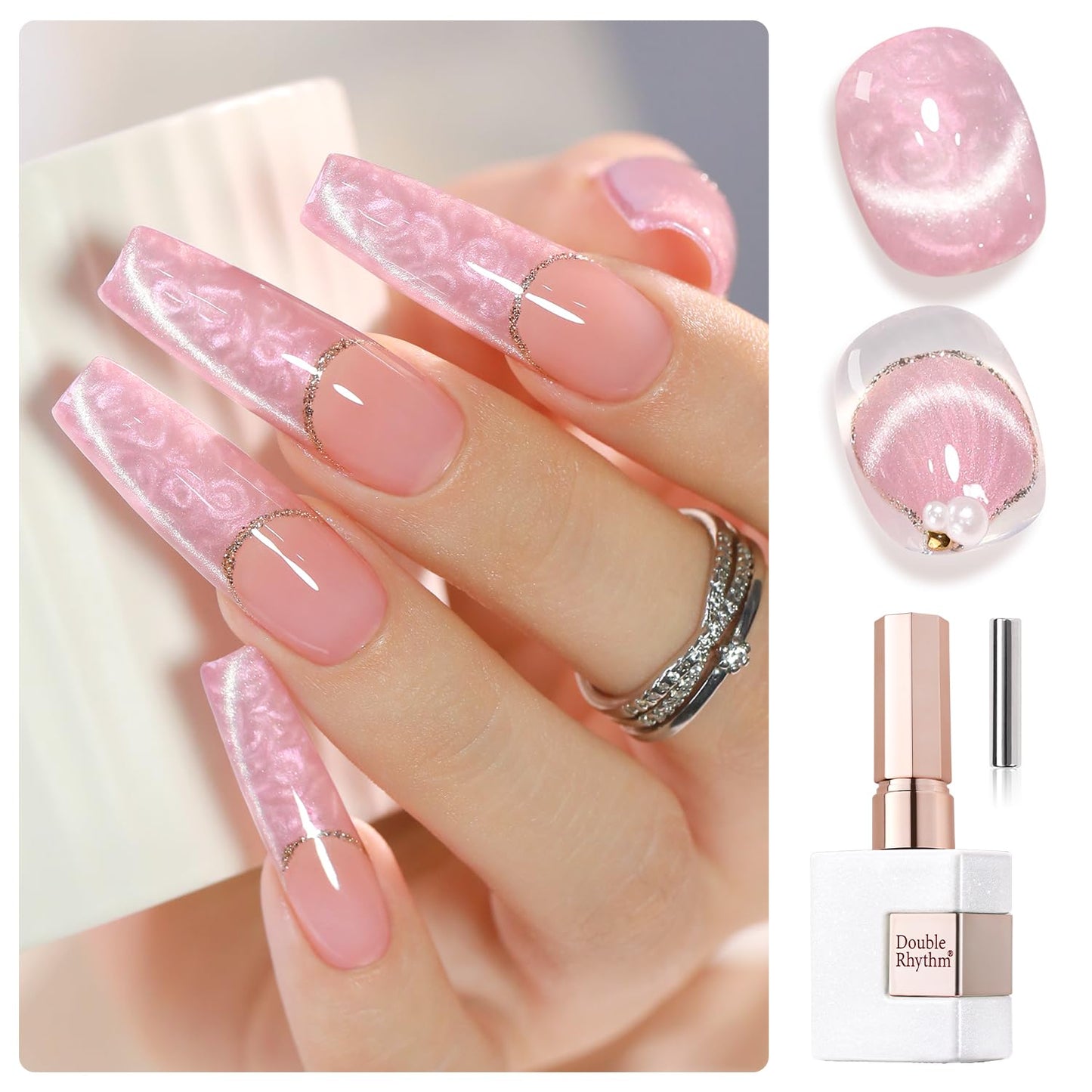 Double Rhythm 15ML Ice Glass Cat Eye Gel Polish with Magnet Holographic Glitter Shimmer Translucent Sheer Color Salon Soak Off Magnetic Nail at Home (Mermaid Pink-MC1134)-BrightBean Baby