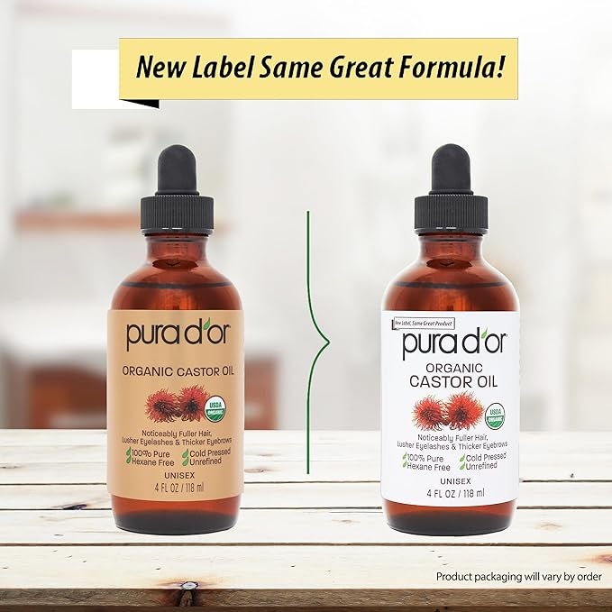 PURA D'OR 4 Oz ORGANIC Castor Oil - 100% Pure USDA Certified Cold Pressed, Hexane Free Eyelash & Eyebrow Serum - For Fuller, Thicker Lashes & Brows - Skin & Hair-BrightBean Baby