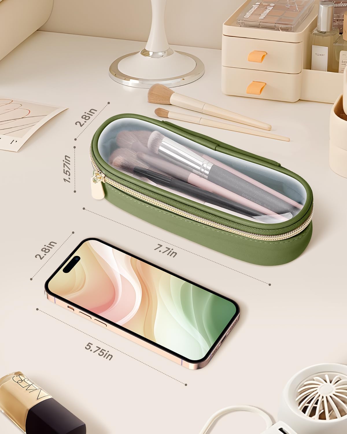 Clear Travel Makeup Brush Holder, Leather Makeup Brush Toiletry Bag, Portable Cosmetic Brush Case, Transparent Waterproof Makeup Brush Storage Bag, Green-BrightBean Baby