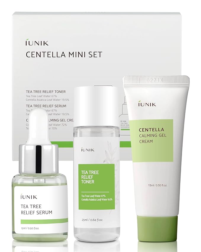 iUNIK Centella Mini Set Travel-Friendly Skincare Set Ultra calming and hydrating for sensitive skin - Tea Tree Relief Toner,Serum, Centella Calming Gel Cream-BrightBean Baby