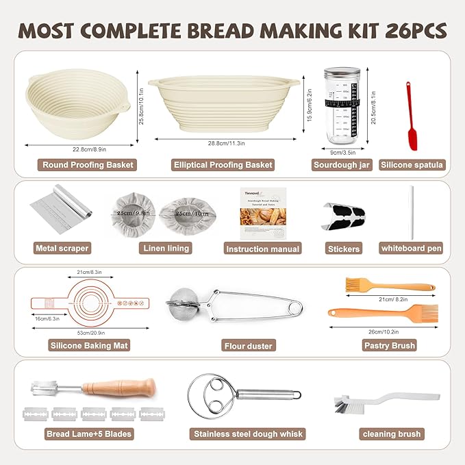 Sourdough Starter Kit, 26PCS Sourdough Bread Baking Supplies, Including a Sourdough Starter Jar (34OZ), Silicone Banneton Bread Proofing Basket Set of 2 (Silver cover, Large glass mouth)