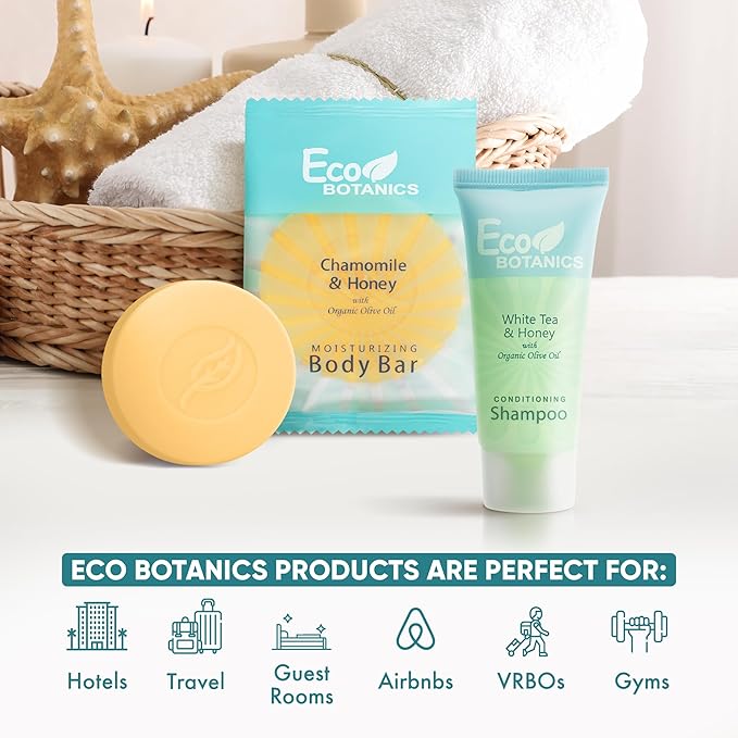 Eco Botanics Hotel Soaps and Toiletries Bulk Set | 1-Shoppe All-In-Kit Amenities for Hotels & Airbnb | 0.85 Conditioning Shampoo & oz Bar Soap Travel Size | 100 pieces-BrightBean Baby