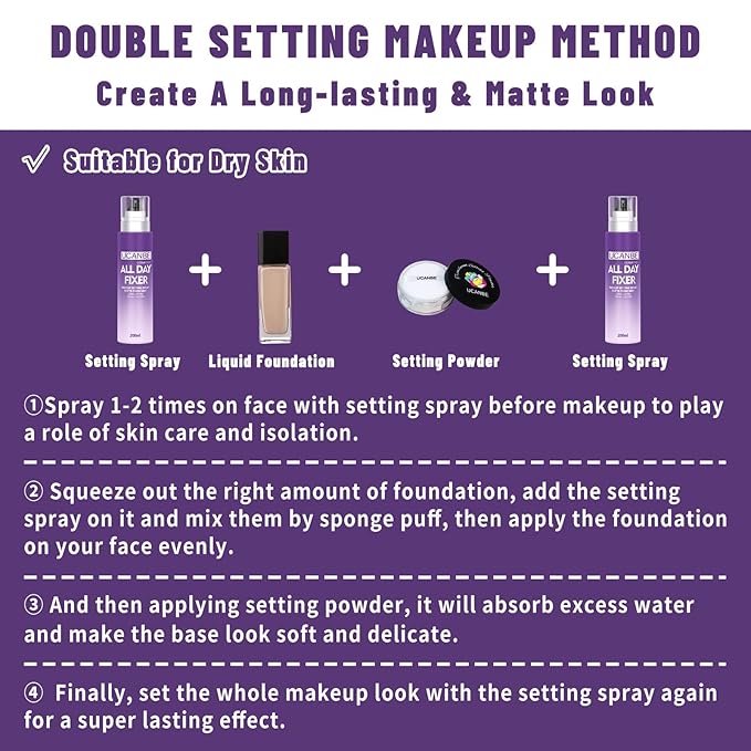 UCANBEMAKUP Long Lasting Makeup Setting Spray Kit- 6.76 Fl oz Hydrating Matte Finish Mist Lightweight Face Make up Fixer +Translucent Loose Setting Powder+2PC Sponge Puff Set-BrightBean Baby