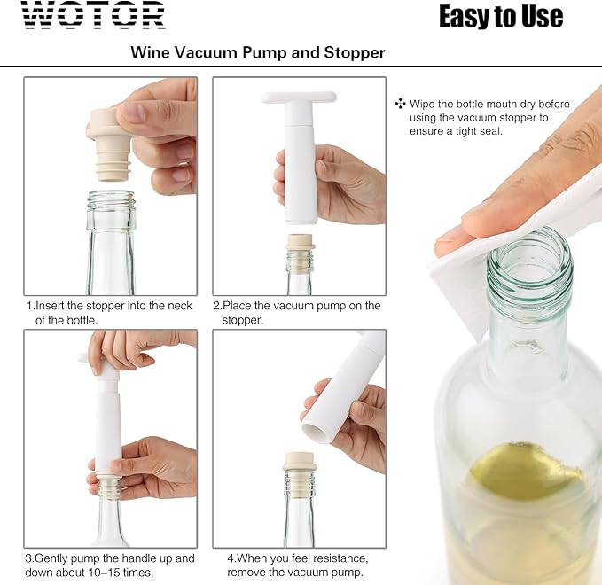 WOTOR Wine Saver Vacuum Pump with 8 Stoppers, Wine Stopper & Preserver, Reusable Bottle Sealer Keeps Fresh, Ideal Accessories Gift, Flat Handle (White)
