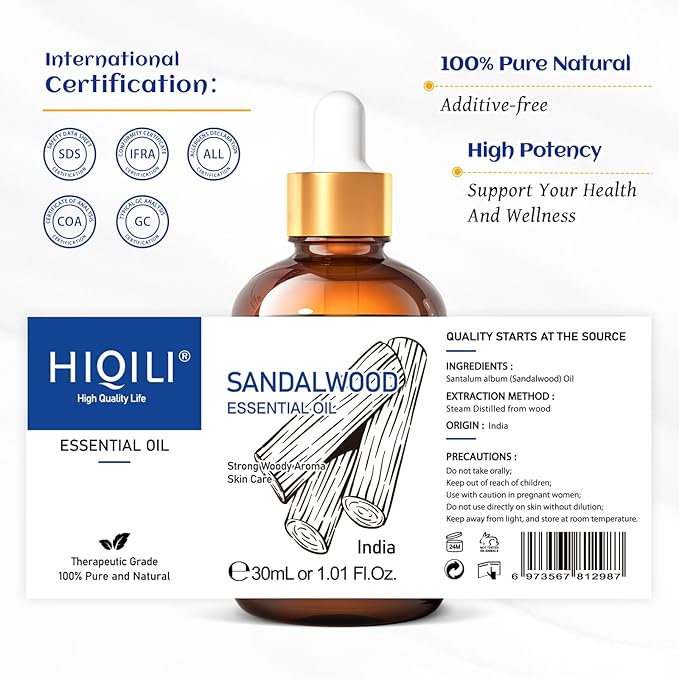 HIQILI Sandalwood Essential Oils 1 Fl Oz, 100% Pure Natural Therapeutic Grade for Skin, Diffuser, Perfume, Candle Soap Making, Includes Premium Quality Glass Dropper-BrightBean Baby