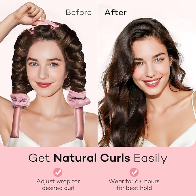 Umisleep 22 Momme 100% Mulberry Silk Heatless Hair Curler Set — Frizz-Free Hair Rollers for Women Long Hair, Overnight Heatless Curls, Upgraded Soft Flat Design with Clips & Scrunchies, Pink-BrightBean Baby