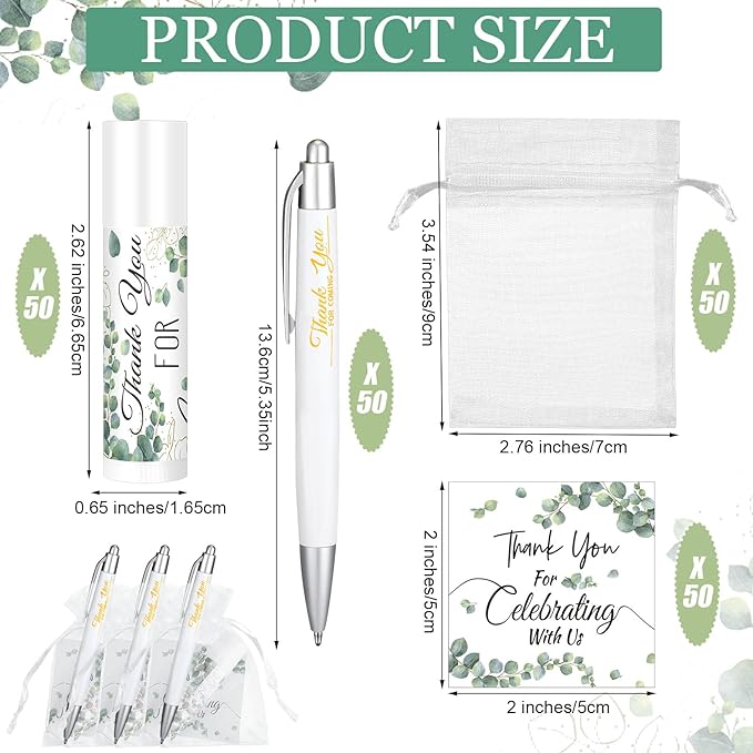 50 Set Bulk Thank You Combo Gifts Include Lip Balms Appreciation Ballpoint Pen Thank You Card Organza Drawstring Gift Bag Pouch for Wedding Parties Baby Shower Favors, Eucalyptus Leaves Style-BrightBean Baby