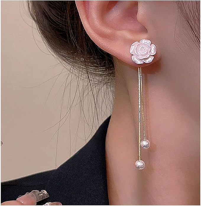 Vintage Flower Pearl Drop Earrings Long Tassel Pearl Earrings White Camellia Stud Earring Gold Pearl Chain Dangle Earrings Jewelry for Women-BrightBean Baby