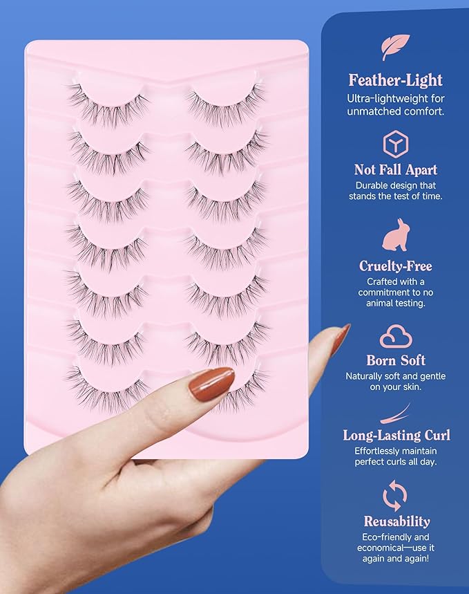 Lashes Natural CLear Band Wispy False Eyelashes Natural Look Flared Strip Eyelash False Eye Lash Soft 7 Pairs Everyday SF-02-BrightBean Baby