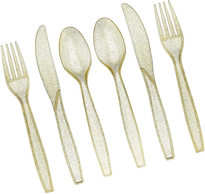 Prestee 180 Gold Glitter Plastic Silverware Cutlery Set - Gold Plastic Silverware Disposable Flatware with 60 Forks, 60 Spoons, 60 Knives - Suitable for Parties, Fancy Party Utensils