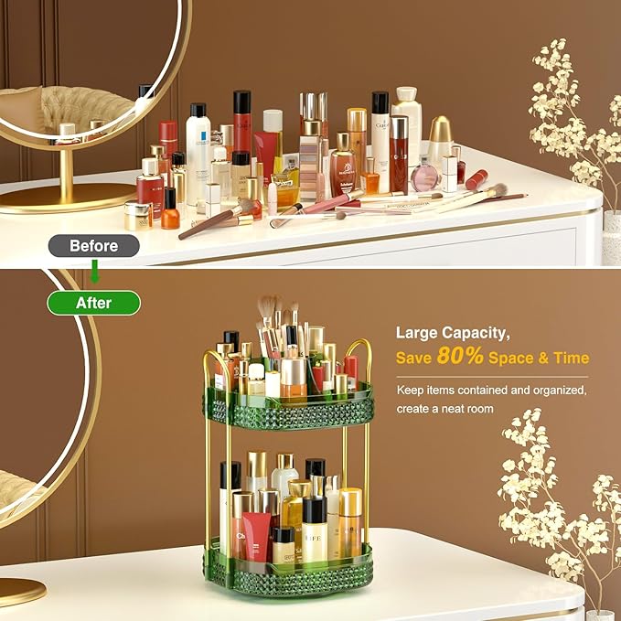 Awenia Rotating Makeup Organizer 360, Stackable Adjustable Large Capacity Cosmetic Storage Unit,Dresser Bathroom Kitchen Countertop Organizer with Metal Handle, Plus Size (Gem Green, 2 Tier)-BrightBean Baby