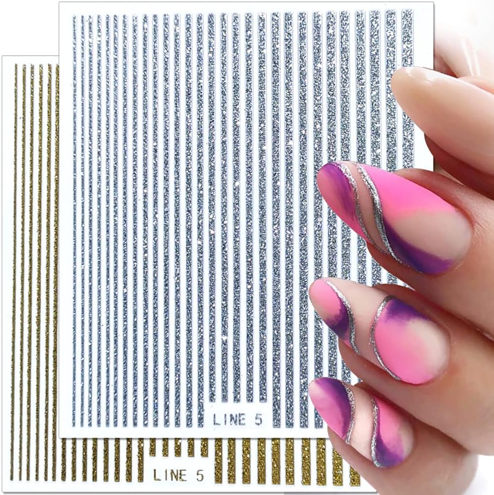 3D Glitter Lines Nail Stickers Holographic Nail Art Stickers Metal Stripe Nail Decals Self Adhesive Geometric Strip Line Nails Stickers Women DIY Nail Supplies,6 Colors/Set-BrightBean Baby