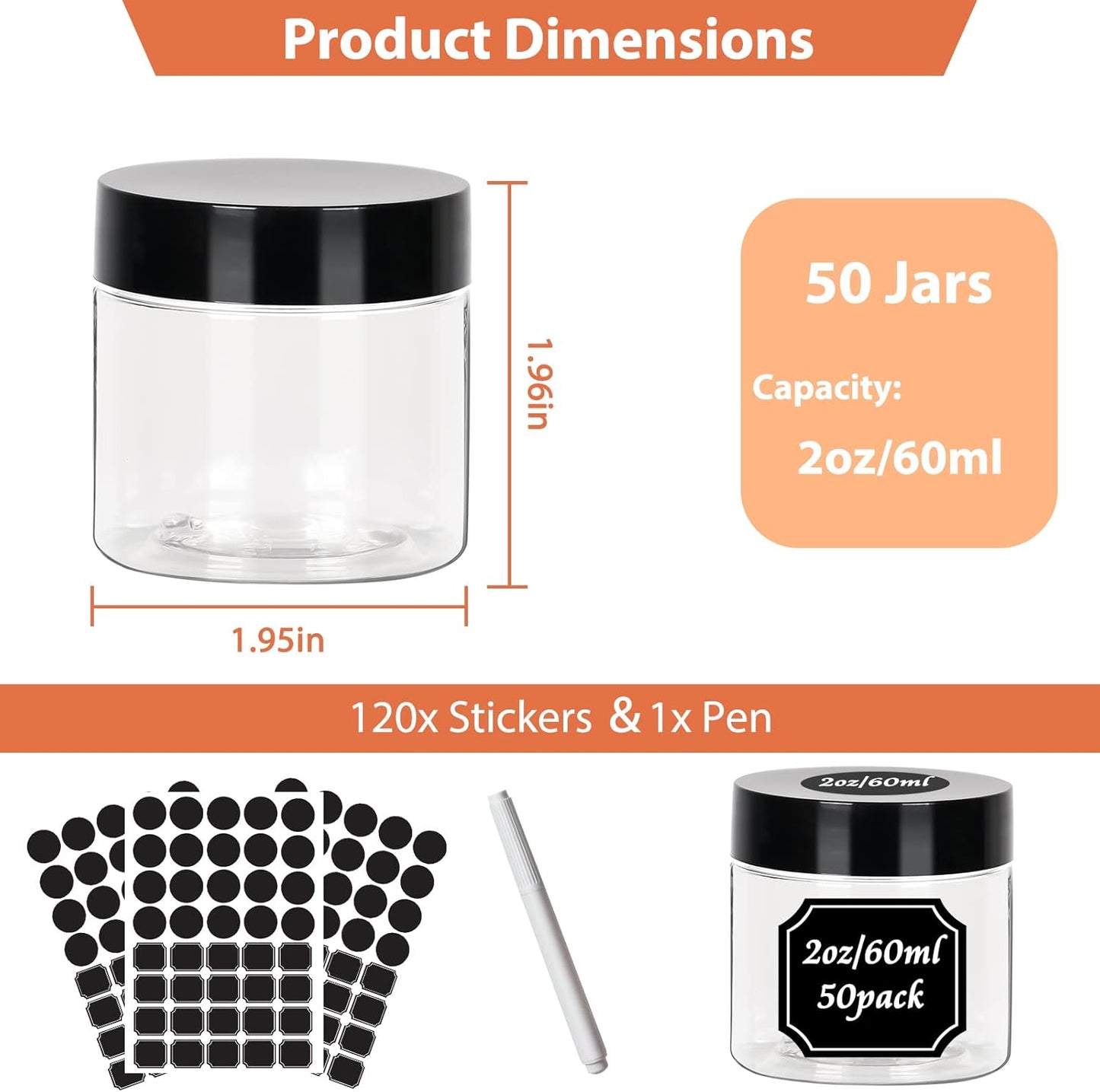 50pcs 2 oz Clear Plastic Round Jars with Black Lids, 2oz 60ml Leak-Proof Wide-Mouth Cosmetic Storage Containers for Kitchen Use, Beauty Products, Cream, Scrubs, Bath Salt and More-BrightBean Baby
