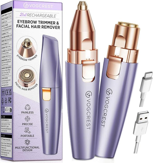 Eyebrow & Facial Trimmer: 2-in-1 Rechargeable Facial Hair Removal & Eyebrow Shaver - Painless Razor with Built-in LED Light (Solar Purple)-BrightBean Baby