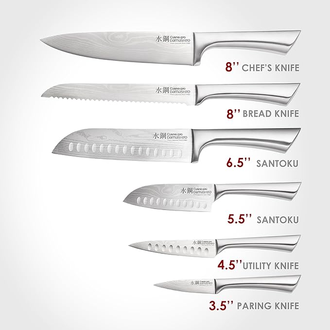 Cuisine::pro Damashiro Knife Block (Kumi, 7-Piece Chef Knife Set) - Japanese Steel Knife - Magnetic Knife Block- Damascus-Inspired Blade Kitchen Knives