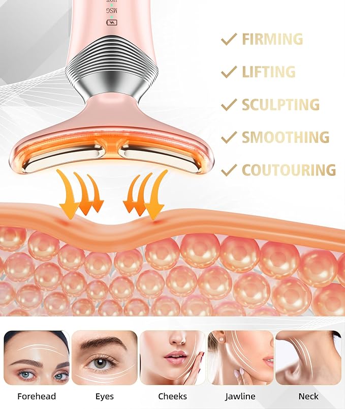 9-in-1 Red-Light-Therapy-for-Face-and-Neck, Portable Facial Massager Tool with Adjustable Vibration & Thermals for Wrinkles, Double Chin, Pink-BrightBean Baby