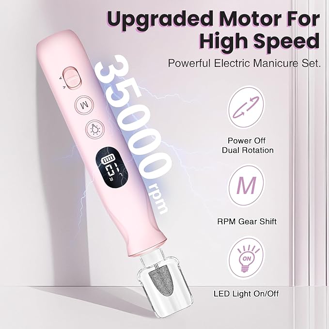 Electric Nail Drill, Cordless 2000 mAh Rechargeable Portable Nail File 12 in 1 Kit for Thick Toenails, 10 Speeds Nail Dril Machine Professional Manicure Pedicure for Hand Natural Nails Care (Pink)-BrightBean Baby