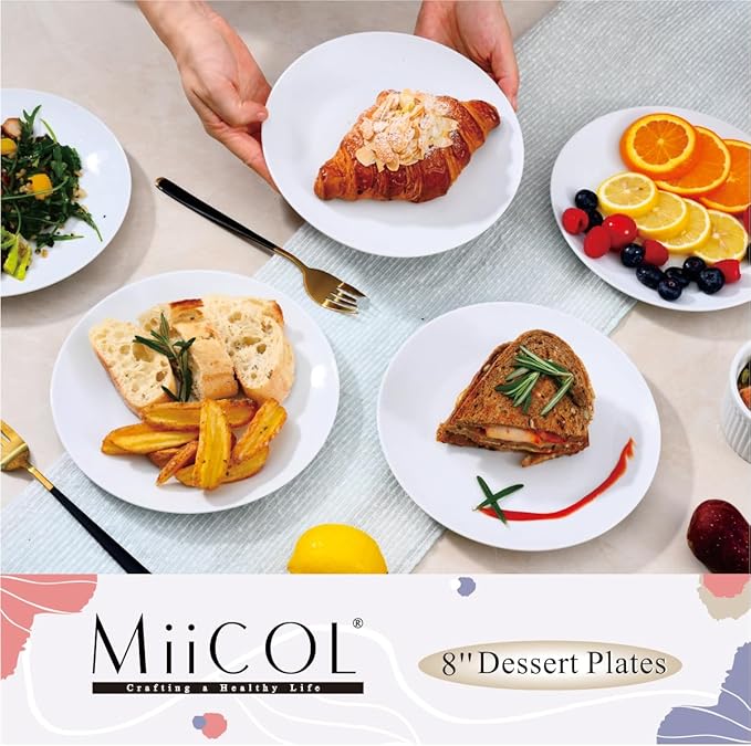 Miicol Ceramic Appetizer Plates Set of 6, White Dessert Plates 8 Inch, Small Dinner Plates, Modern Round Salad Plates, Porcelain Serving Dishes for Snack, Bread, Fruit, Microwave & Dishwasher Safe