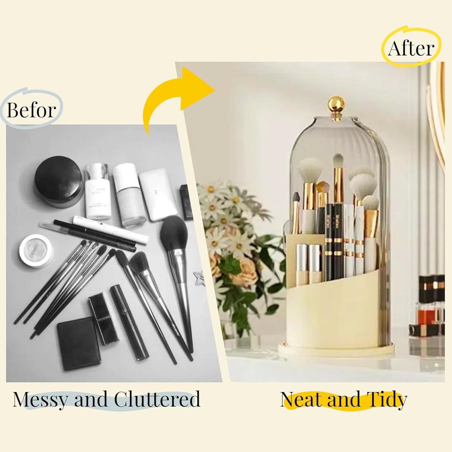 B-H1 Makeup Brush Holder with Dustproof Cover 360 Rotating Makeup Brushes Organizer for Vanity Desktop Bathroom (Gray)-BrightBean Baby